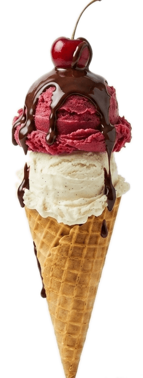 Strawberry and vanilla scoops on a waffle cone with chocolate drizzle and cherry